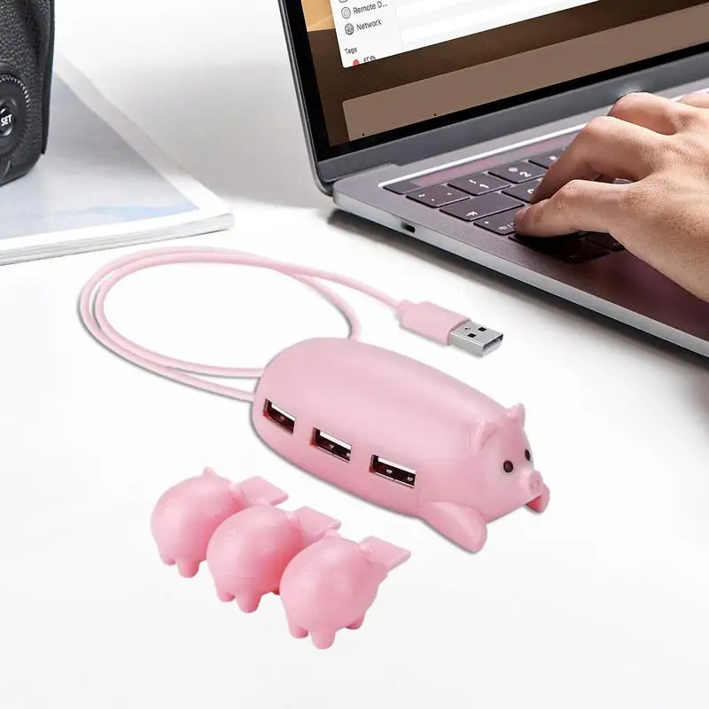 محطة إرساء USB لطيف الخنازير على شكل نوع C حوض 3 منفذ USB محول محور USB الفاصل مع 3 أغطية الديكور الخنازير لأجهزة الكمبيوتر المحمول