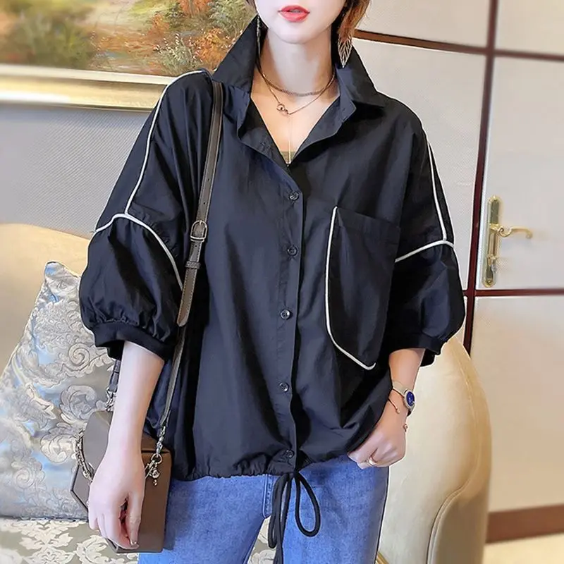 

Fashion Spliced Pockets Shirring Bow Lantern Sleeve Shirt Women's Clothing 2023 Summer New Oversized Casual Tops Korean Blouse