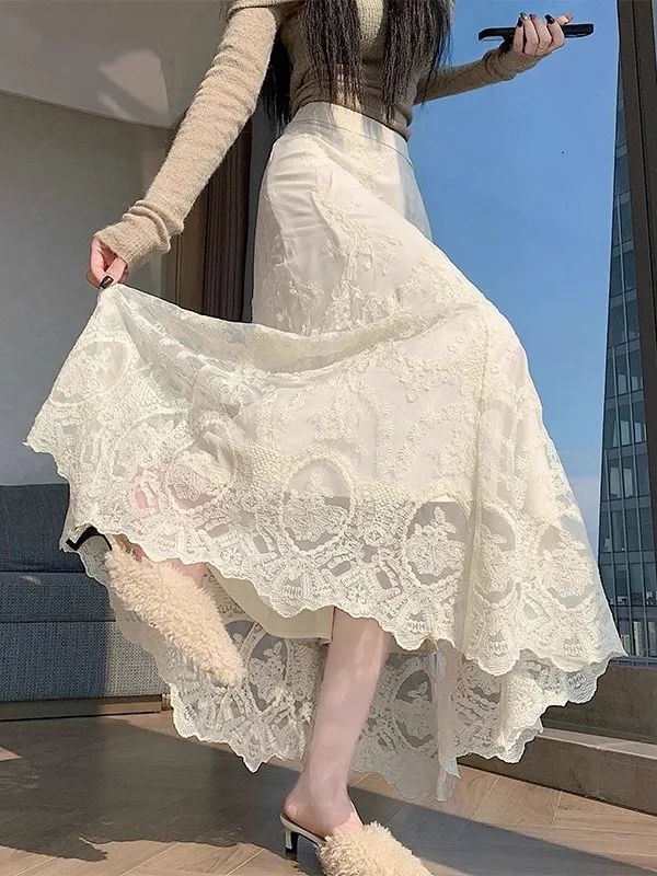 

Женская юбка с кружевной подкладкой, осенне-зимняя, нежная, сказочная, многослойная, базовая, с запахом, длинная