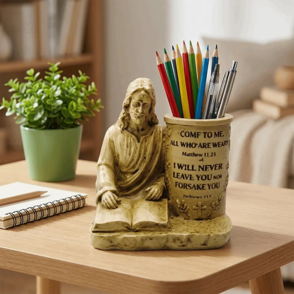 Vintage Resin Jesus Pen Holder Spiritual with Verse Cross Pen Holder Comforting Stationery Organizer Holiday Gift