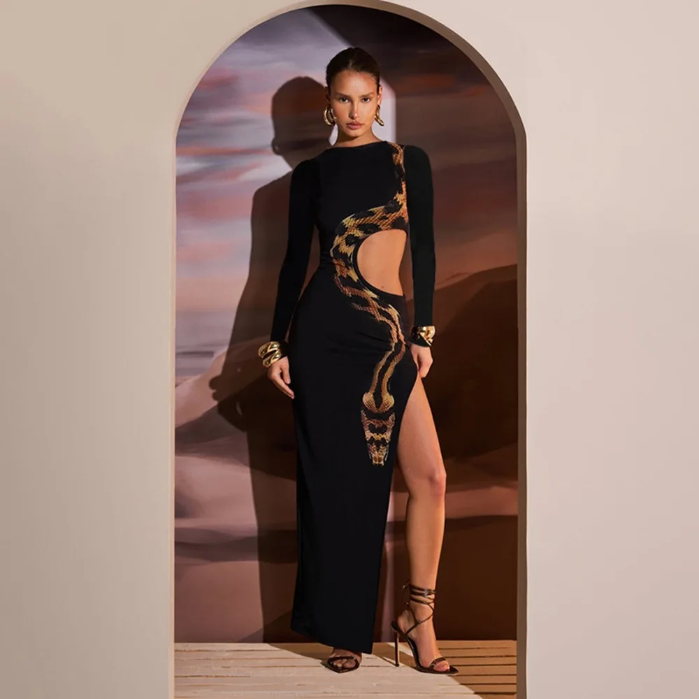 PLAZSON Club Party Women Long Dress Sexy Side High Split Cut Out Slim Dresses Spring Long Sleeve Snake Print Black Dress Vestid