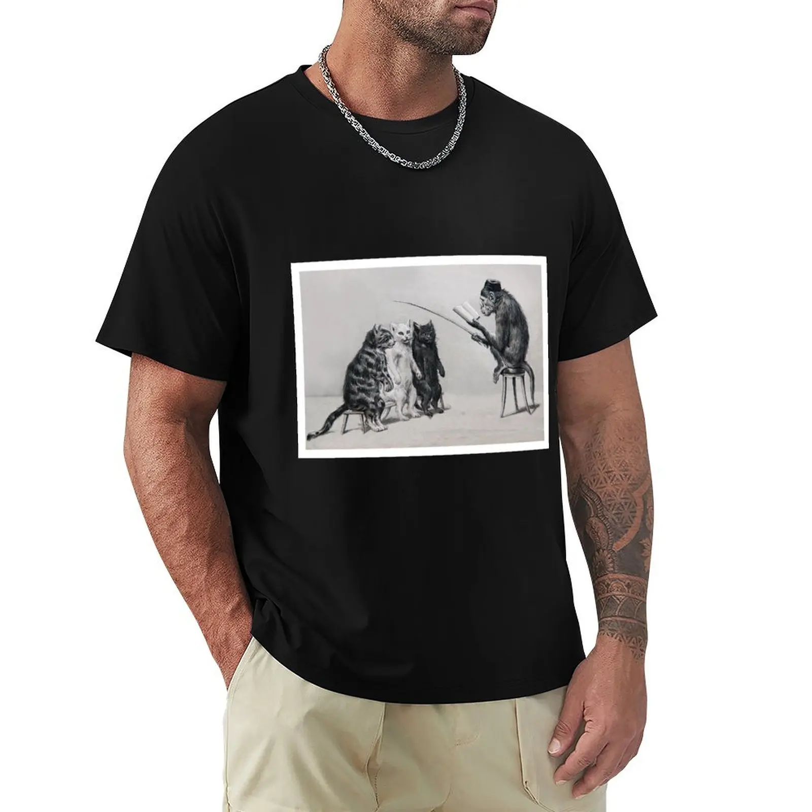 Three Cats and a Monkey Professor - Victorian Anthropomorphic Art T-Shirt Holiday Vacation Tee Shirt