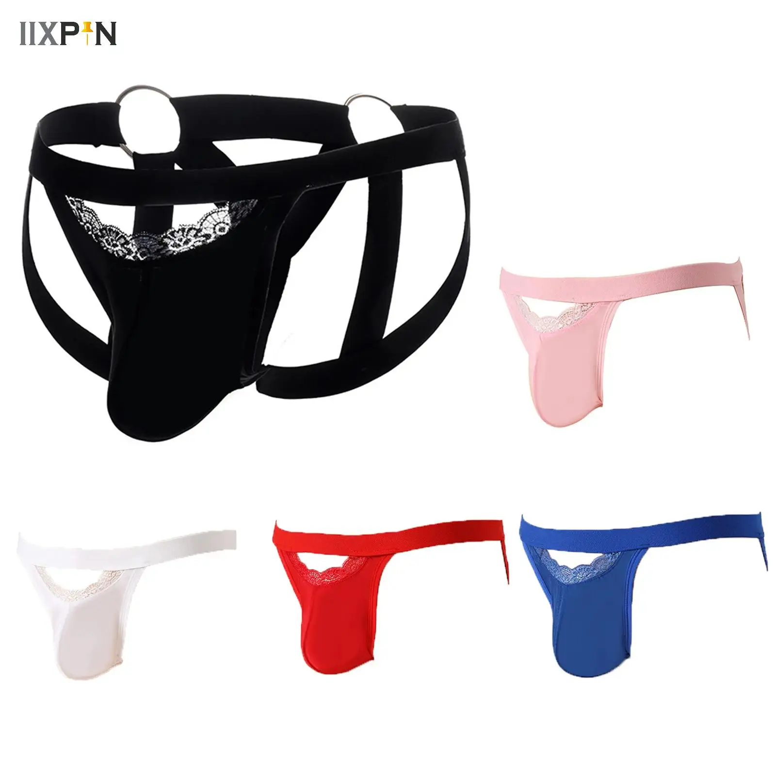 

Mens Thong Jockstrap Underwear Lace Trim Hollow Out Bulge Pouch O-ring G-string Strappy Back Panties Briefs Nightwear Clubwear
