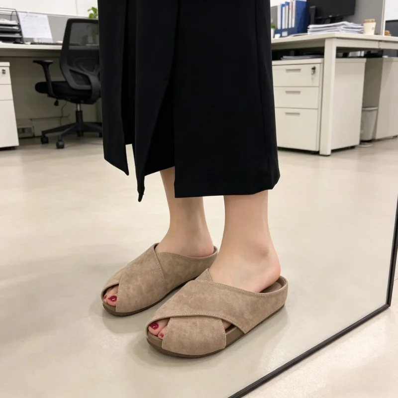 New Arrival Cross Design Closed Toe Mules, Soft Sole Suede Slides, Versatile Commute Daily Wear Women Backless Half Sandals view 3