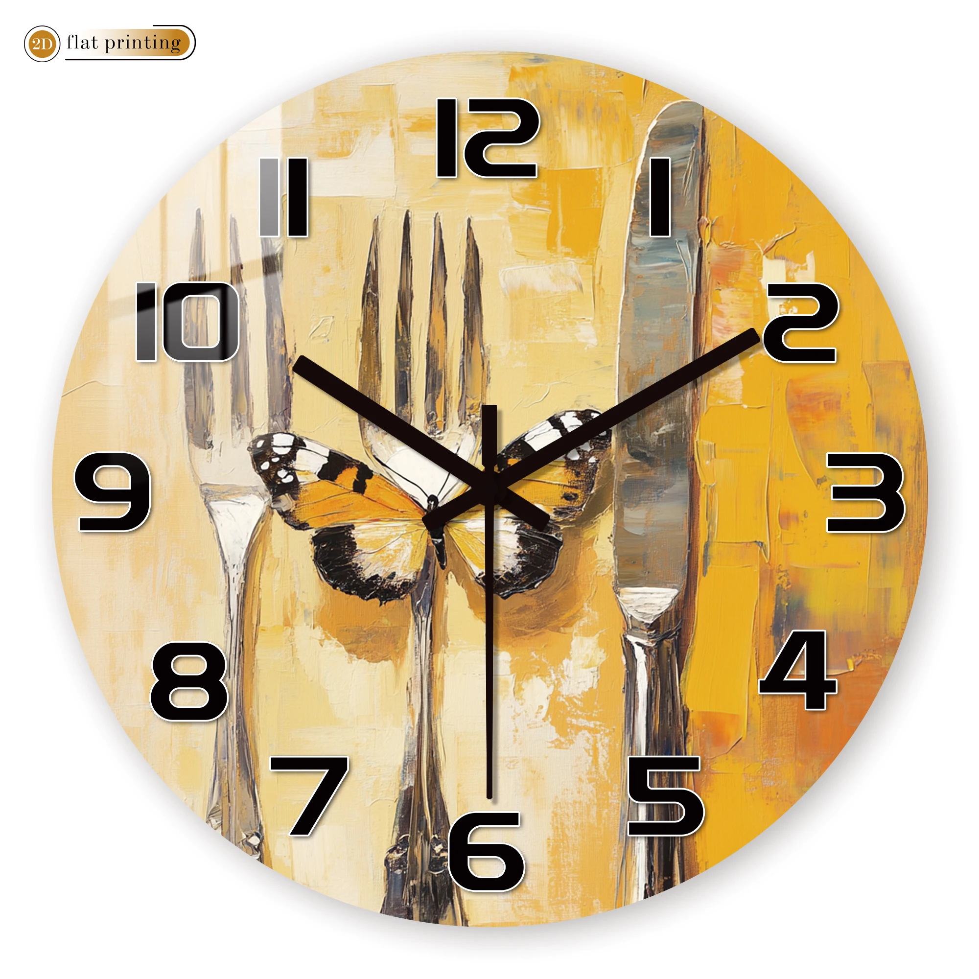 Butterfly on Cutlery Wall Clock, Artistic 2D Flat Printing Design, Unique Kitchen or Dining Room Decor