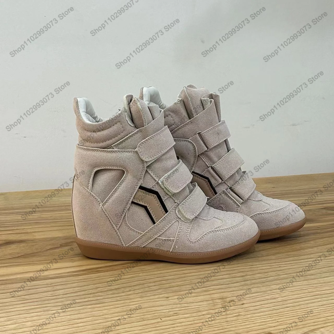 Fashion Women's Hidden Wedge Sneakers High Top Platform Shoes Hook and Loop Suede Patchwork Height Increasing Walking Casual Footwear image 3
