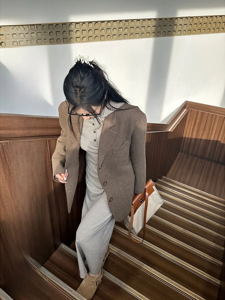 

YOKLASS Винтажный шерстяной пиджак кофейного цвета, осенне-зимний, высококачественный, повседневный, свободного кроя, с разрезом, в западном стиле, женское пальто