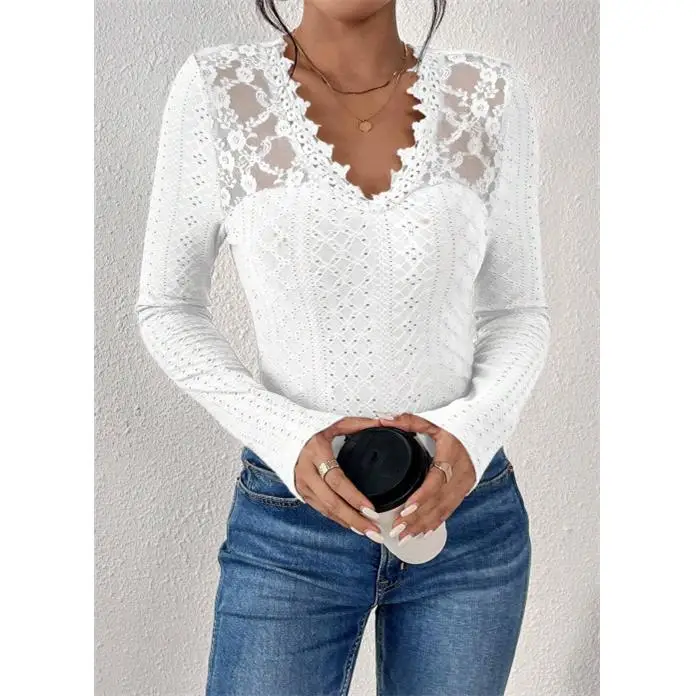 เสื้อยืดแขนยาวผู้หญิง ผ้าลูกไม้ ดีไซน์ต่อผ้า สีพื้น ทรงเข้ารูป ผ้าโพลีเอสเตอร์ เหมาะสำหรับใส่ทำงาน แฟชั่นฤดูใบไม้ผลิ