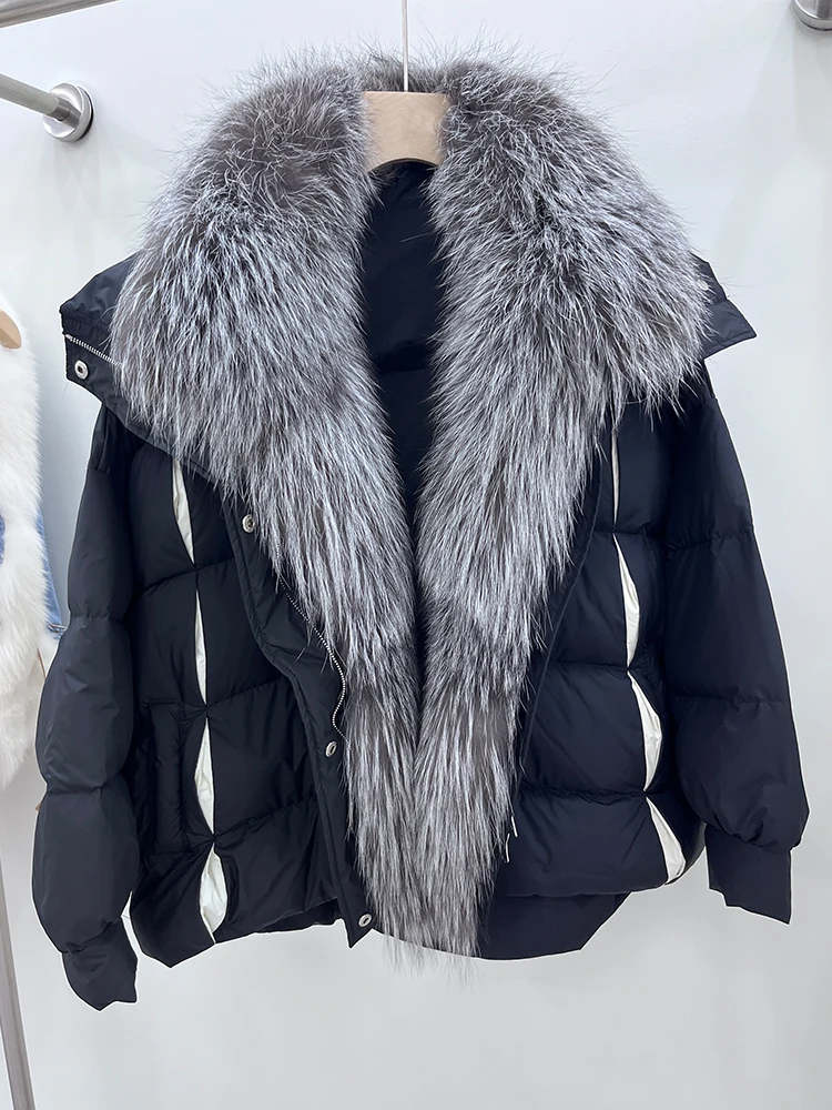 

2023 Autumn Winter Women Goose Down Jacket Natural Sliver Fox Fur Collar Sweet Style Luxury Female Coats