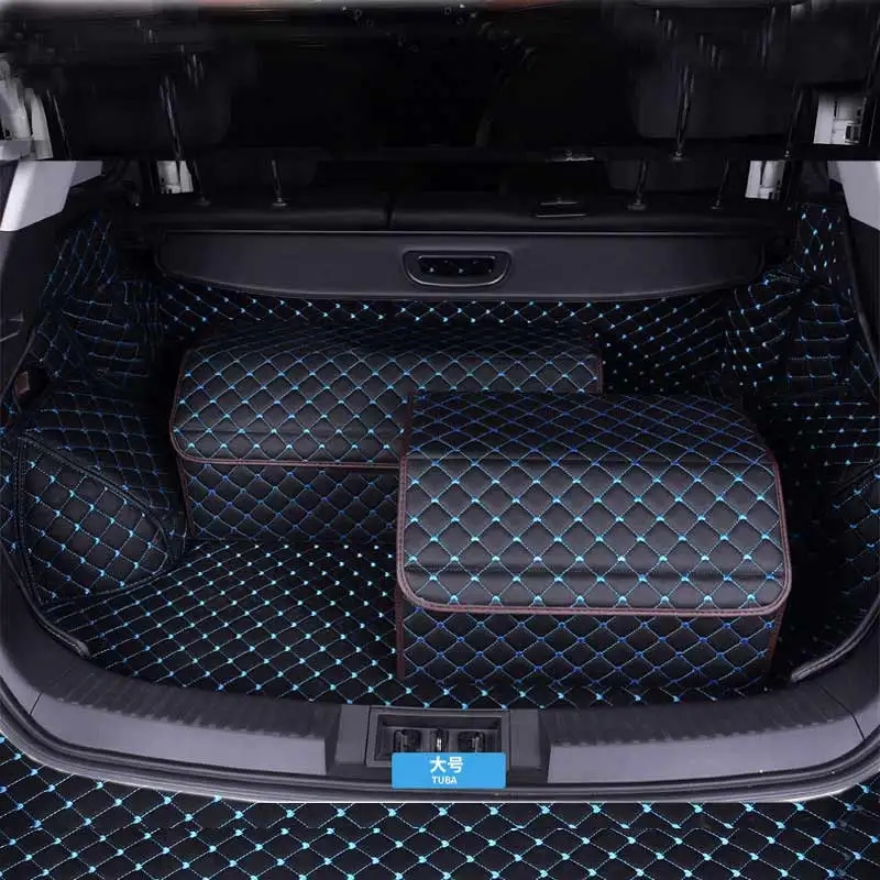 

Car Trunk Storage Organizer With Lid Universal Car Trunk Organizer Storage Box Artificial Leather Folding Organizador-Black blue