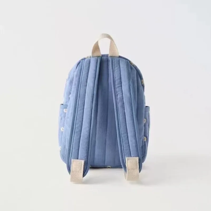2026 New Arrival Daisy Print Quilted Kids Backpack Lightweight Canvas Daypack with Front Pocket for Little Girls