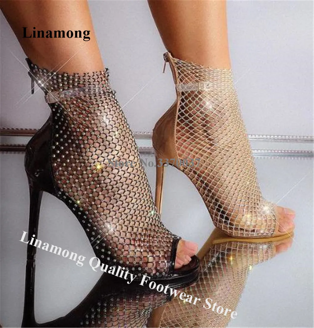 Linamong Bling Bling Rhinestones Mesh Thin Heel Short Sandal Boots Peep Toe Black Nude Crystals High Heel Ankle Sock Pumps