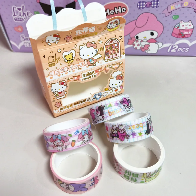 12pcs Sanrio Family Kuromi Melody Cinnamoroll Kitty Mini Sticker Tape Diy Ledger Wholesale Of Student Home Stationery Sets