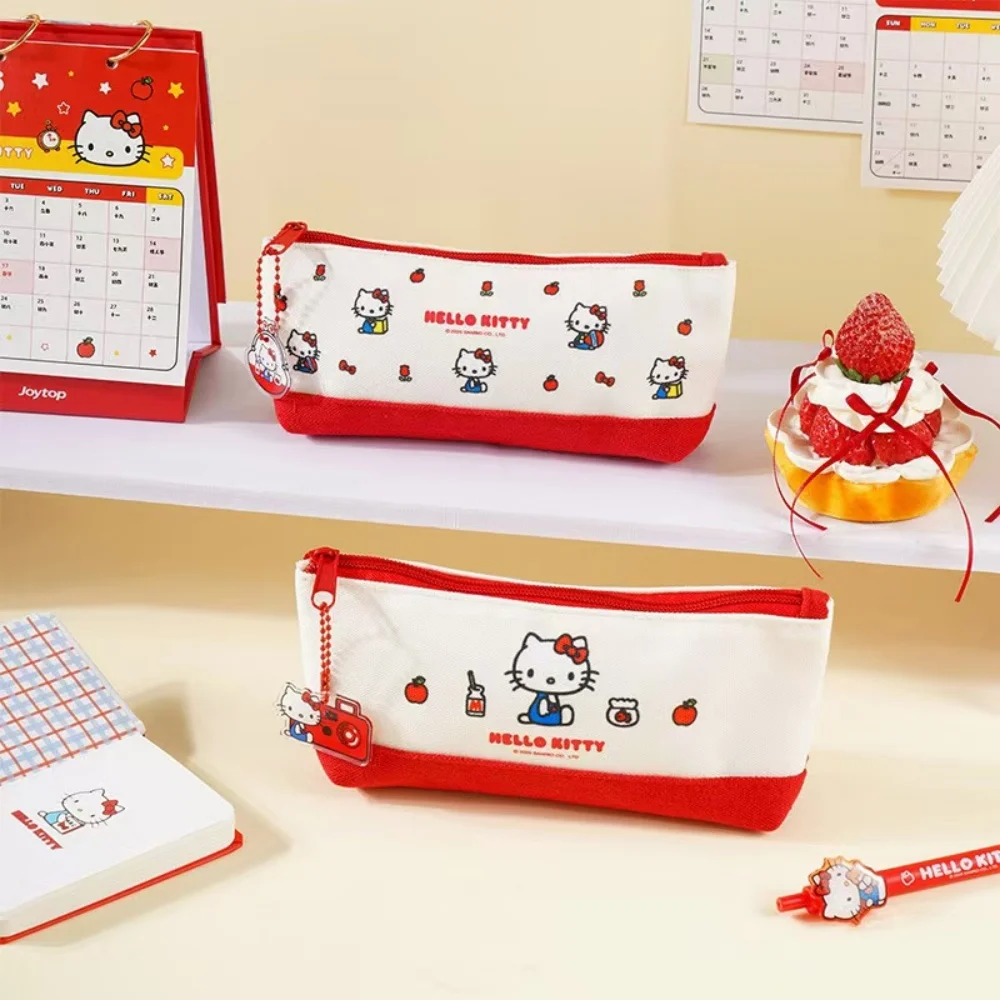 

Оригинальный холщовый пенал Sanrio Hello Kitty на молнии, милый мультяшный пенал с изображением кошки КТ, сумка для хранения гелевых ручек и канцелярских принадлежностей, подарки для девочек