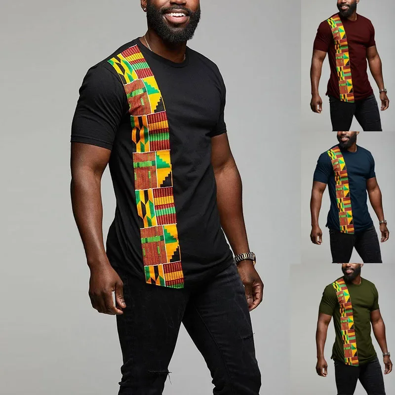 African Kente T Shirt Patchwork Color Print Top Wear Mens Ankara Style Panel Tees O Neck Kitenge For Men Short Sleeves Black