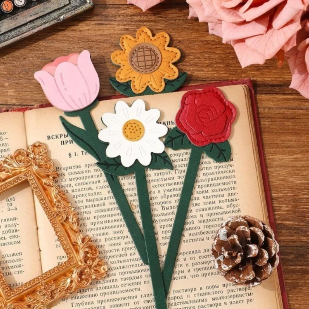 Cute Faux Leather PU Bookmark Floral Patterns Soft Page Marker Rose Sunflower Long Bookmark Book Lovers