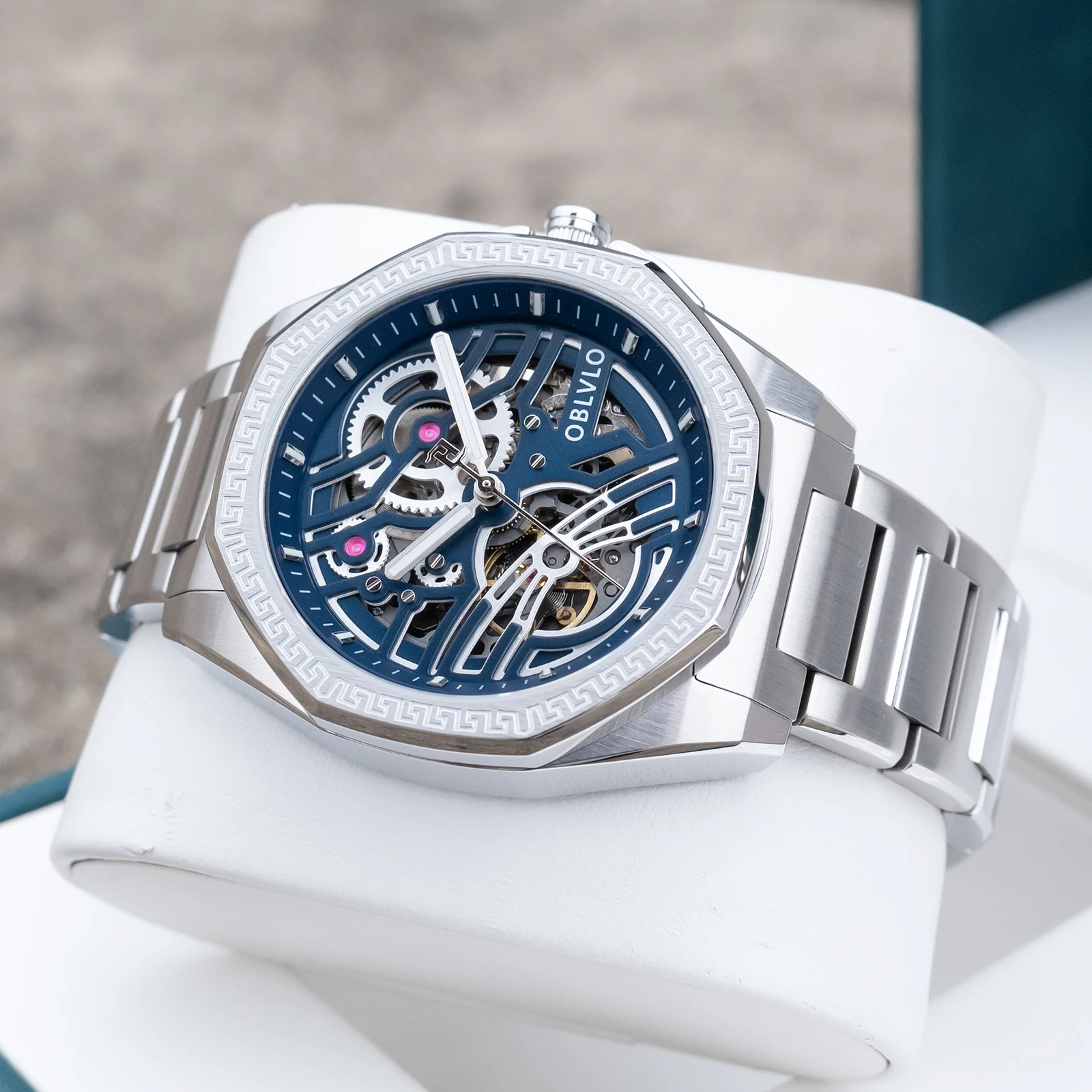 OBLVLO Mens 316L Stainless Steel Skeleton Automatic Watch 42mm Octagon Bezel Luminous Waterproof Mechanical Business Watches CAM