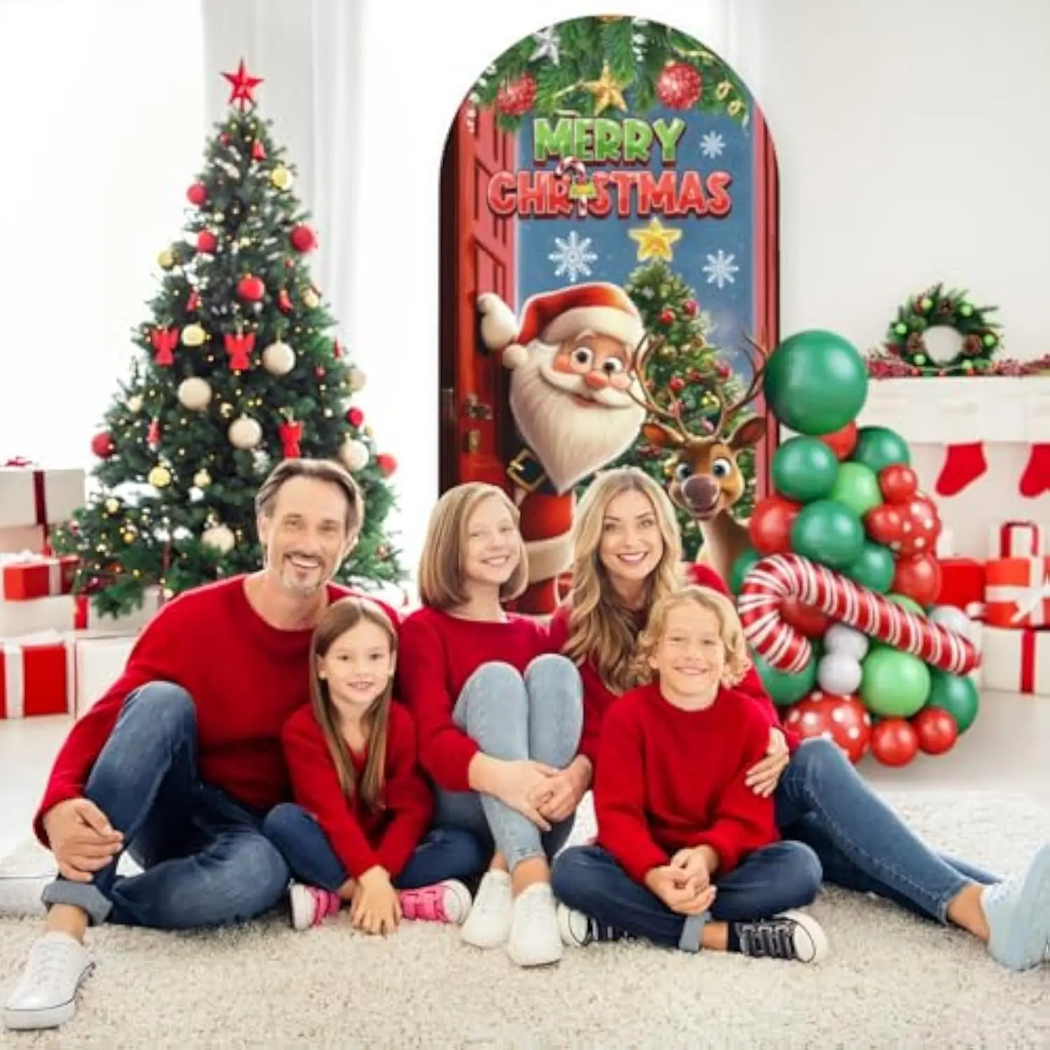 VIKAMA 메리 크리스마스 아치 배경 스탠드 커버 레드 아치 벽 배경 크리스마스 데이 라운드 탑 커버 겨울 크리스마스 파티