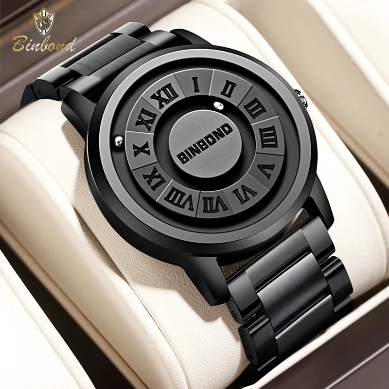 BINBOND Luxury Men Quartz Watches Fashion Magnetic Levitation Hollow Out Stainless Steel Waterproof Men Watch Relogio Masculino