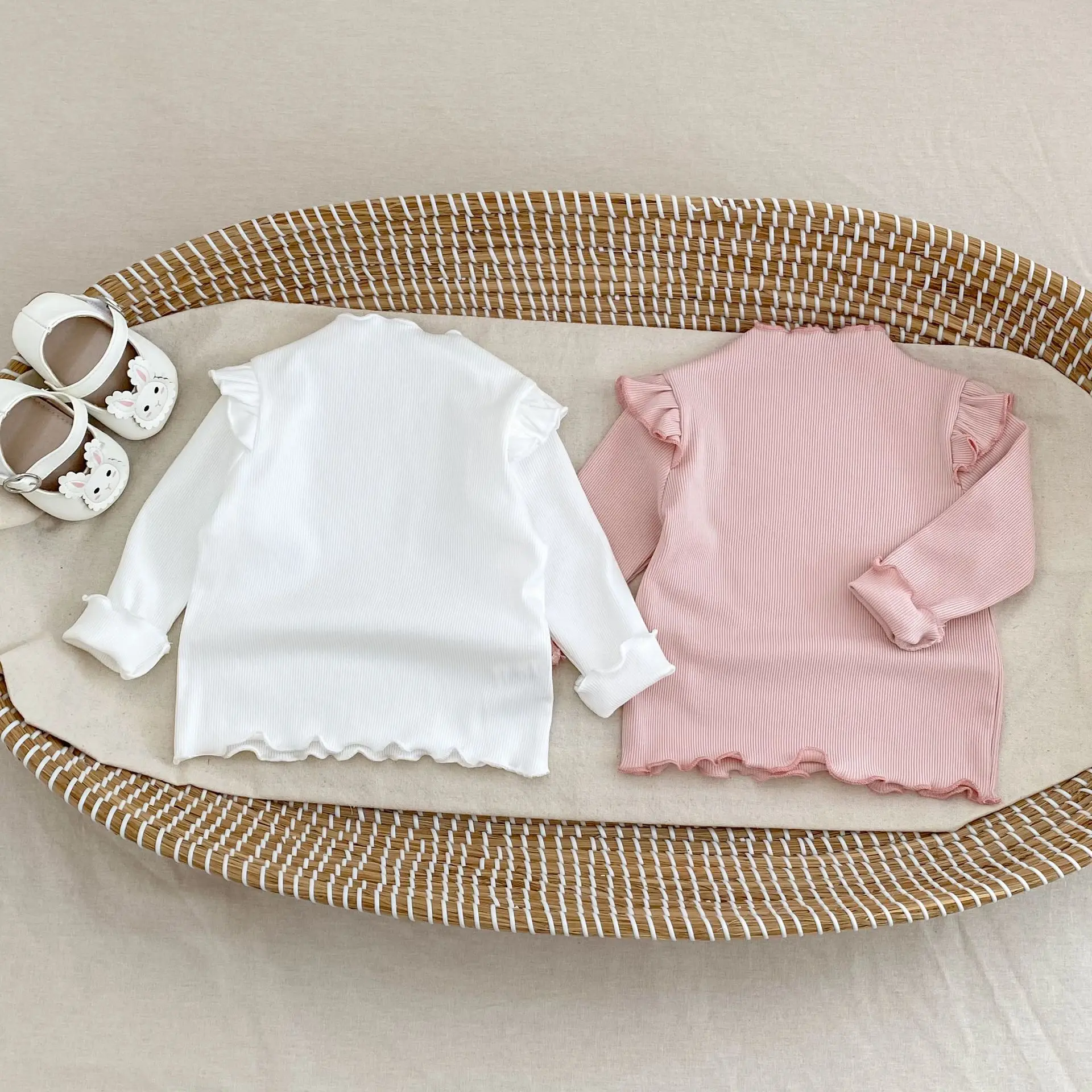 

2025 Autumn 0-3Y Infant Baby Girl Ruffle Flutter Long Sleeve Ribbed Top Mock Neck Layering T-Shirt Fall Winter Matching Tops