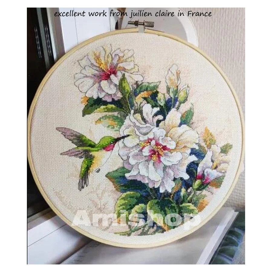 Amishop Counted Cross Stitch Kit, Hibiscus Duo, Hummingbird, Bird and Flower Flowers, Dim 35156, Top Quality