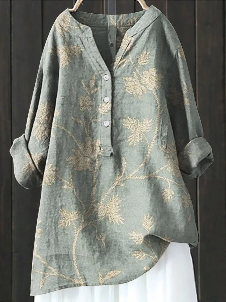 2024 Women\'s Autumn Winter New Fashion Printed Button Up Shirt Long Sleeved Bamboo Linen Casual Comfortable Top