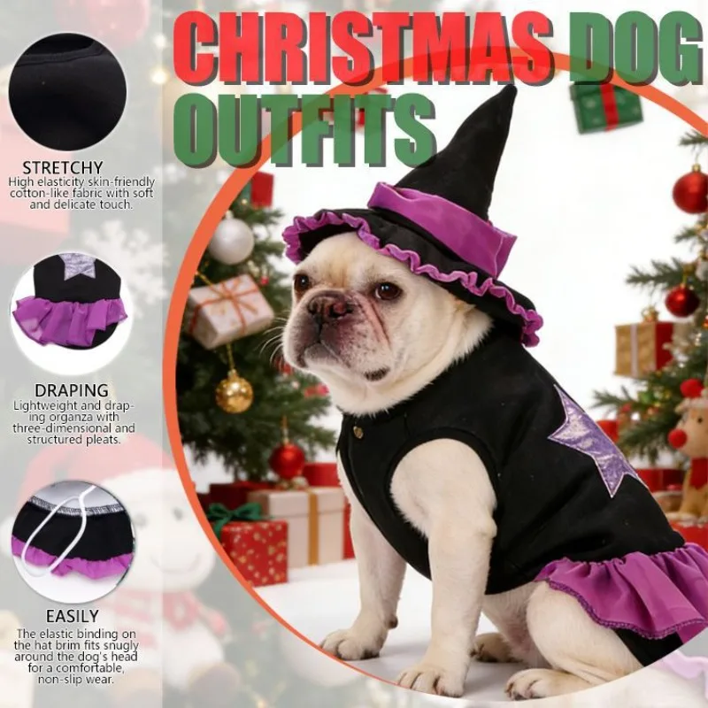 Halloween Dog Witch Cosplay Costume Skin-friendly Stretch Fabric Ruffled Organza Bottom Matching Witch Hat for Halloween Parade Outdoor Walk Pet Enthusiasts cat costume bat wings cat halloween
