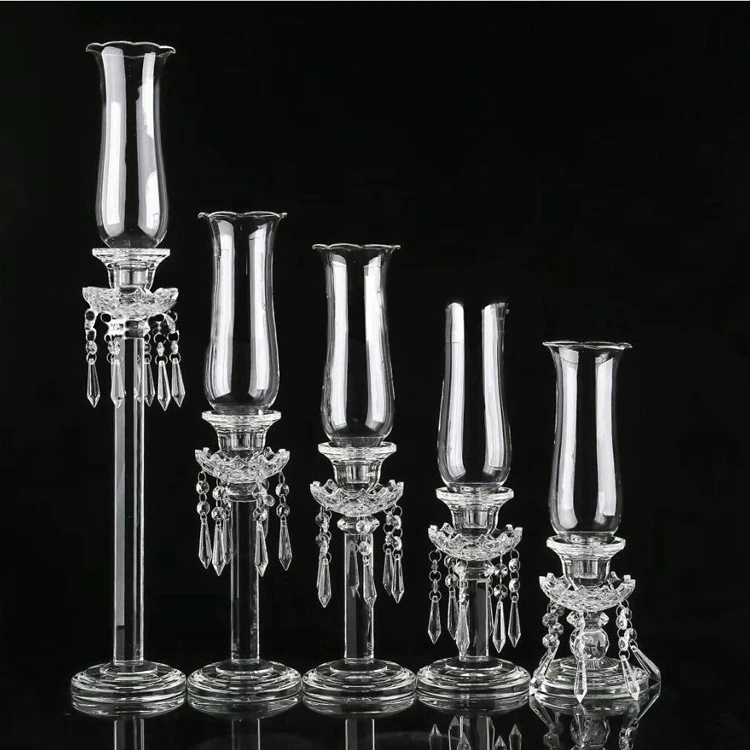 Varies Sizes Decorative Glass Pillars Crystal Hurricane Candle Holder With Hanging Crystals