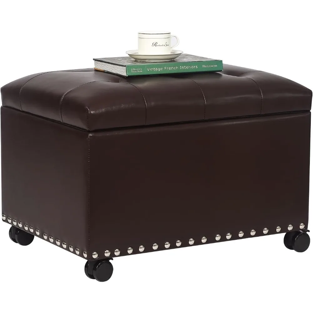 

Leather Storage Stool with 360° Wheels 24 Inch Rolling Footstool for Living Room Bedroom Hallway Brown Rectangular Footstool