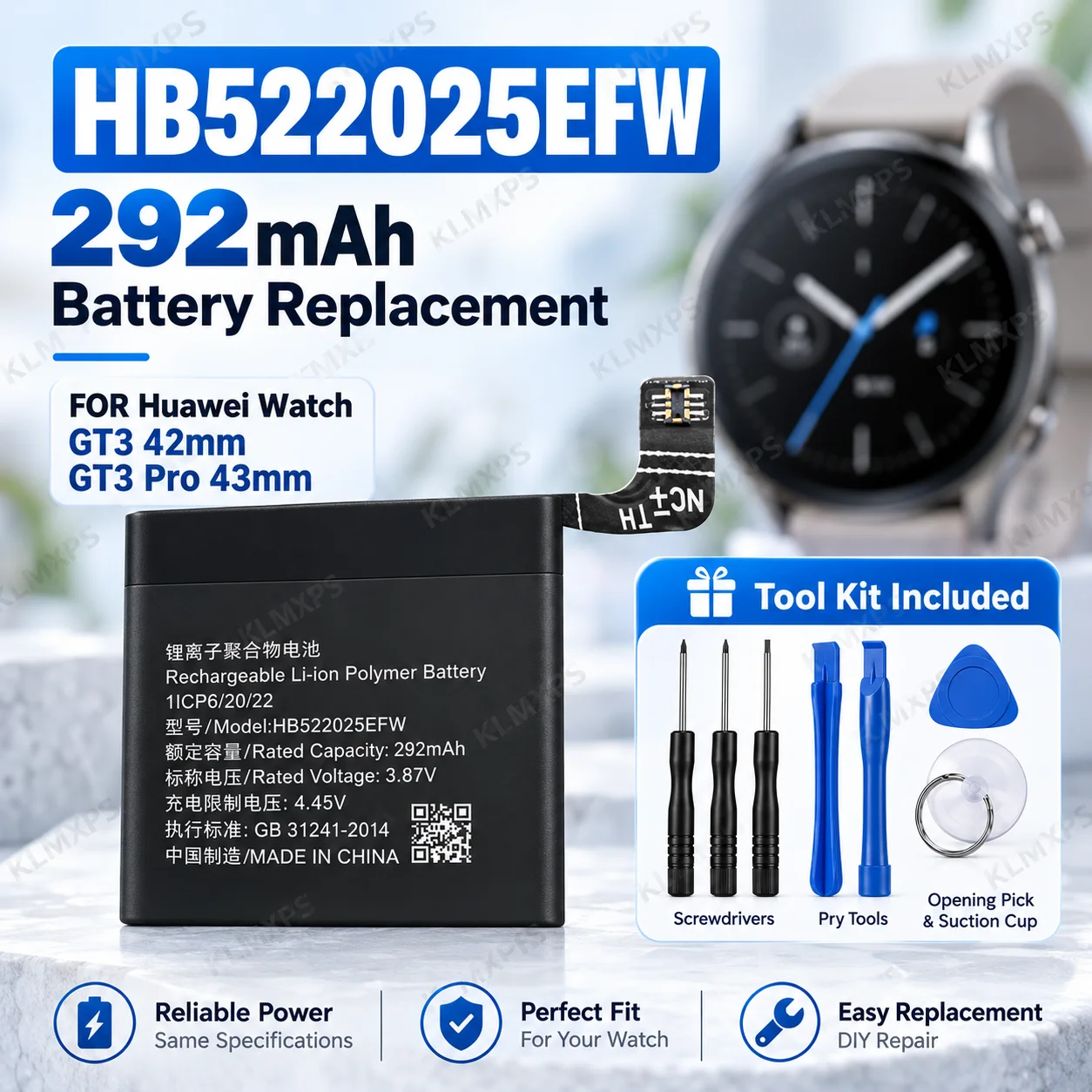HB522025EFW 292mAh Battery Replacement for Huawei Watch GT3 42mm GT3 Pro 43mm Li-ion Polymer Rechargeable Battery