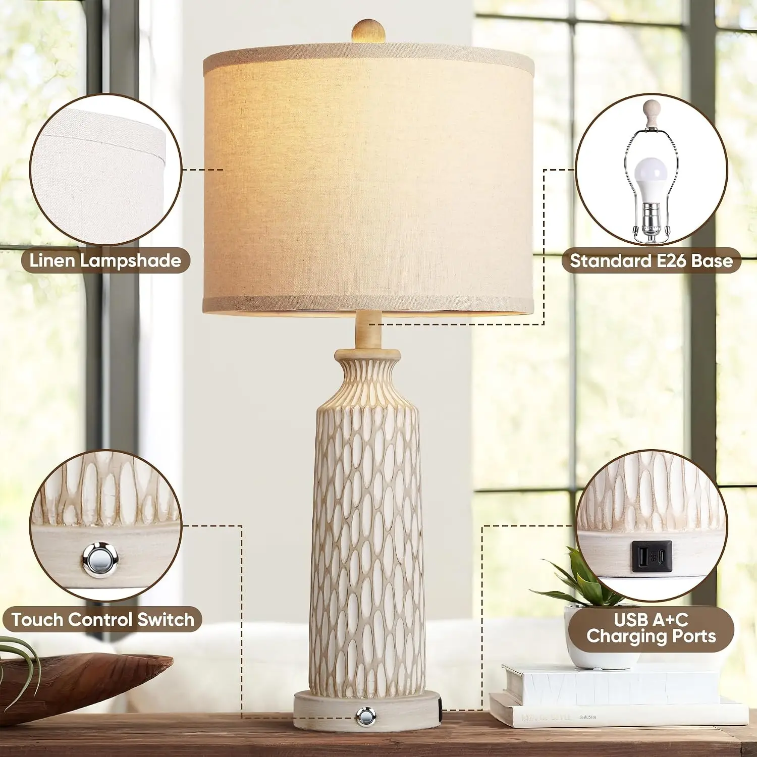 26" Farmhouse Bedside Lamps Set of 2, Touch Control 3-Way Dimmable, USB A+C Charging Ports, Modern Off-White Resin Table Lamps for Living Room, Included 2700K LED Bulbs view 6