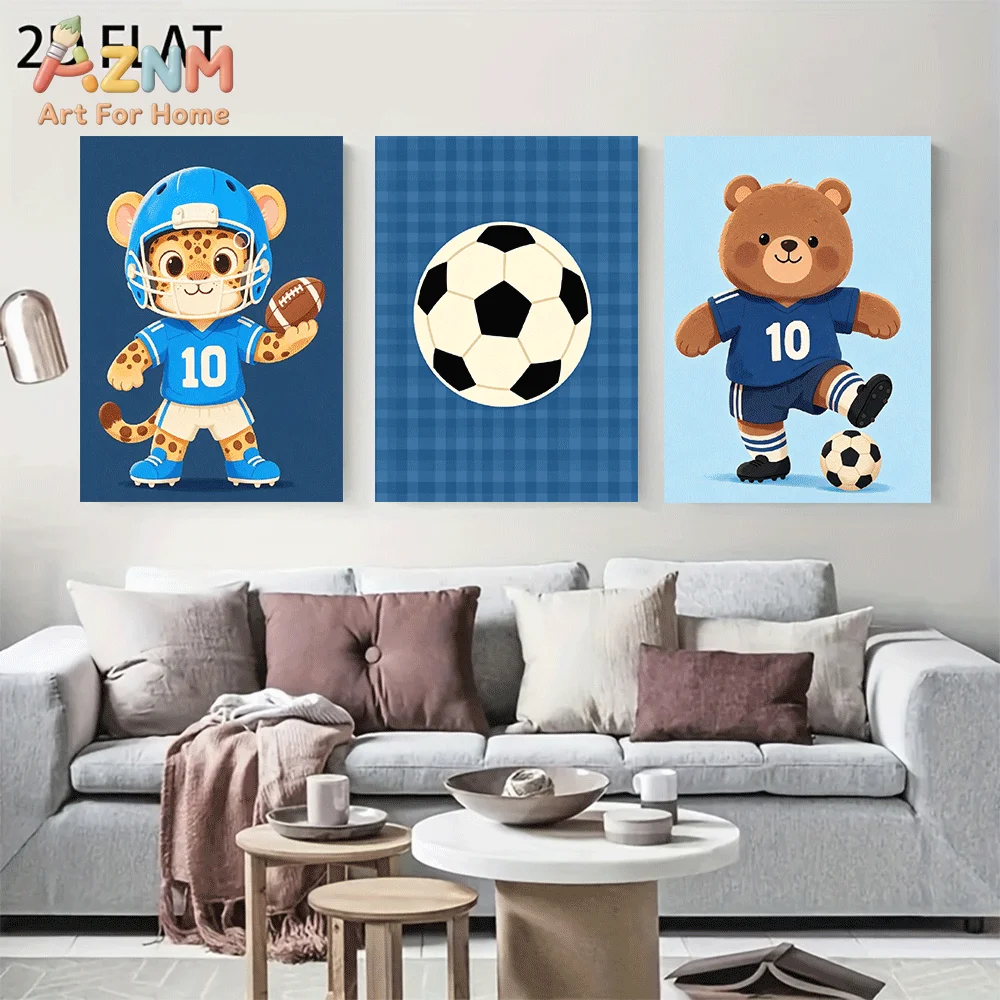 AZNM Frameless Canvas Wall Art, Cartoon Leopard Bear Football Soccer Sport Print, Cute Animal Sports Themed Wall Decor for Home