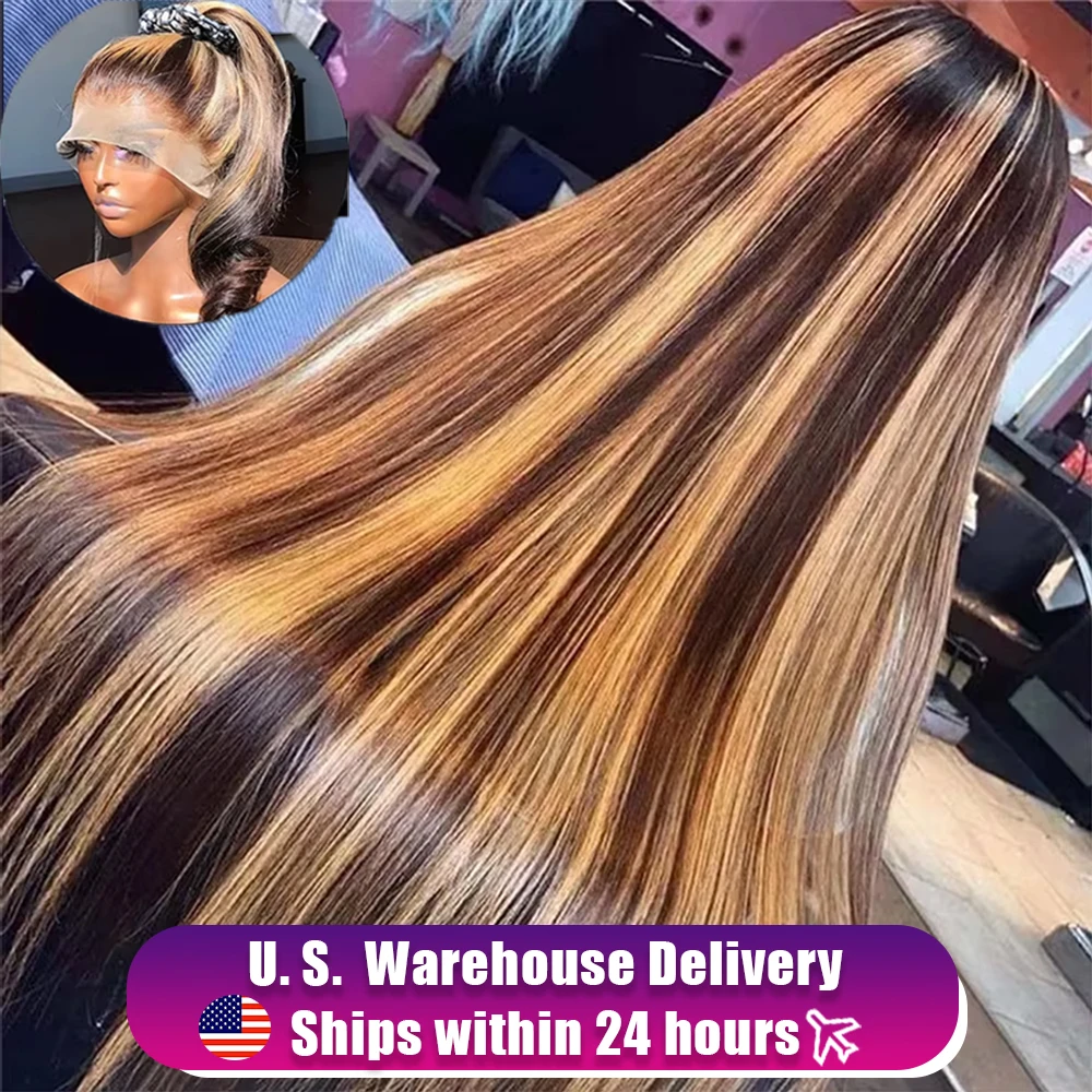 

40-дюймовый парик с прямой текстурой и мелированием, 13x6 HD Lace Frontal, из натуральных человеческих волос, омбре коричневый, бразильские волосы, цвет P4/27 медово-блонд