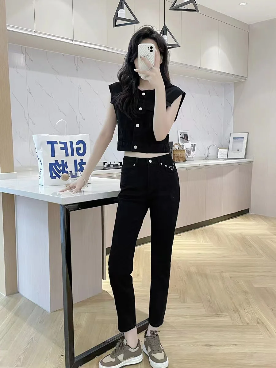 

Джинсы с высокой талией и прямыми штанинами в американском стиле, женские облегающие черные джинсовые брюки, осенняя новинка, модные, элегантные, простые