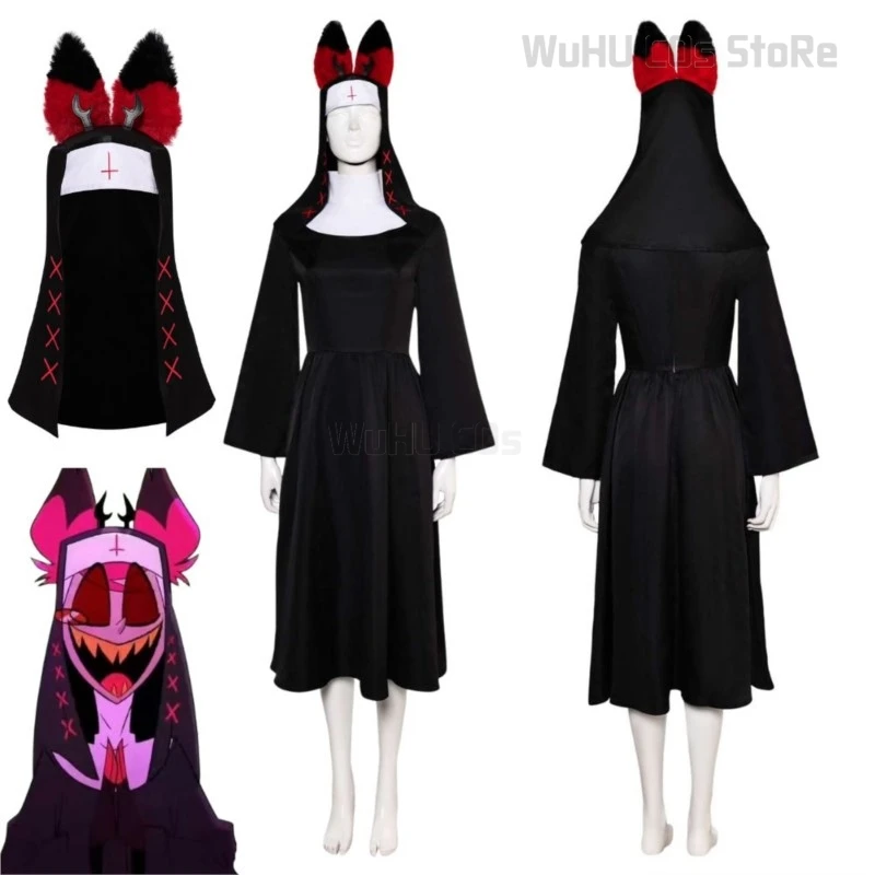 

Nun Alastor Cosplay Fantasia Hazzbin Cartoon Hotel Girls Black Dress Hat Costume Disguise Women Outfits Halloween Carnival Sui