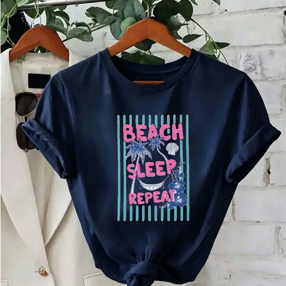 Beach Sleep Repeat Shirt Tropical Palm Tree Graphic Tee Coastal Summer Vacatio Women Harajuku Print T Shirts O-neck Color Print