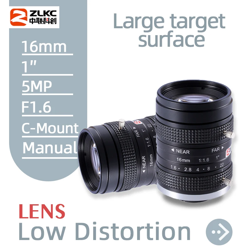 

ZLKC 5MP C Mount 16mm Machine Vision Lenses Industrial Camera Lens 1 Inch Low Distortion Manual Iris CCTV Fixed Focal Length HD