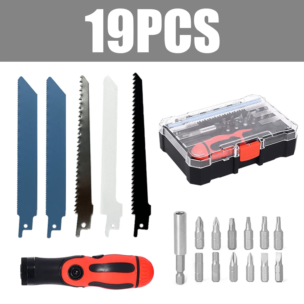 19Pcs Saber Saw Set Multifunctional Handle Fits Reciprocating Saw Blades & Screwdriver Bits Cutting Tool for Wood Plastic Pipe