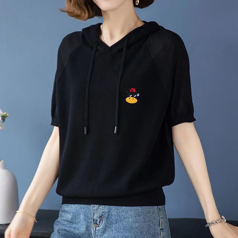 Women's Clothing Summer Korean Embroidery Drawstring Knitted Hooded T-shirts Y2K Trendy Casual Short Sleeve Loose Pullover Tops