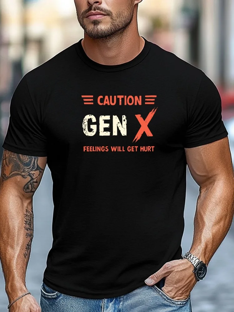 Men Navy Crew Neck Tee Caution Gen X Feelings Will Get Hurt Distressed Retro Red White Text Warning Slogan Graphic Soft Short