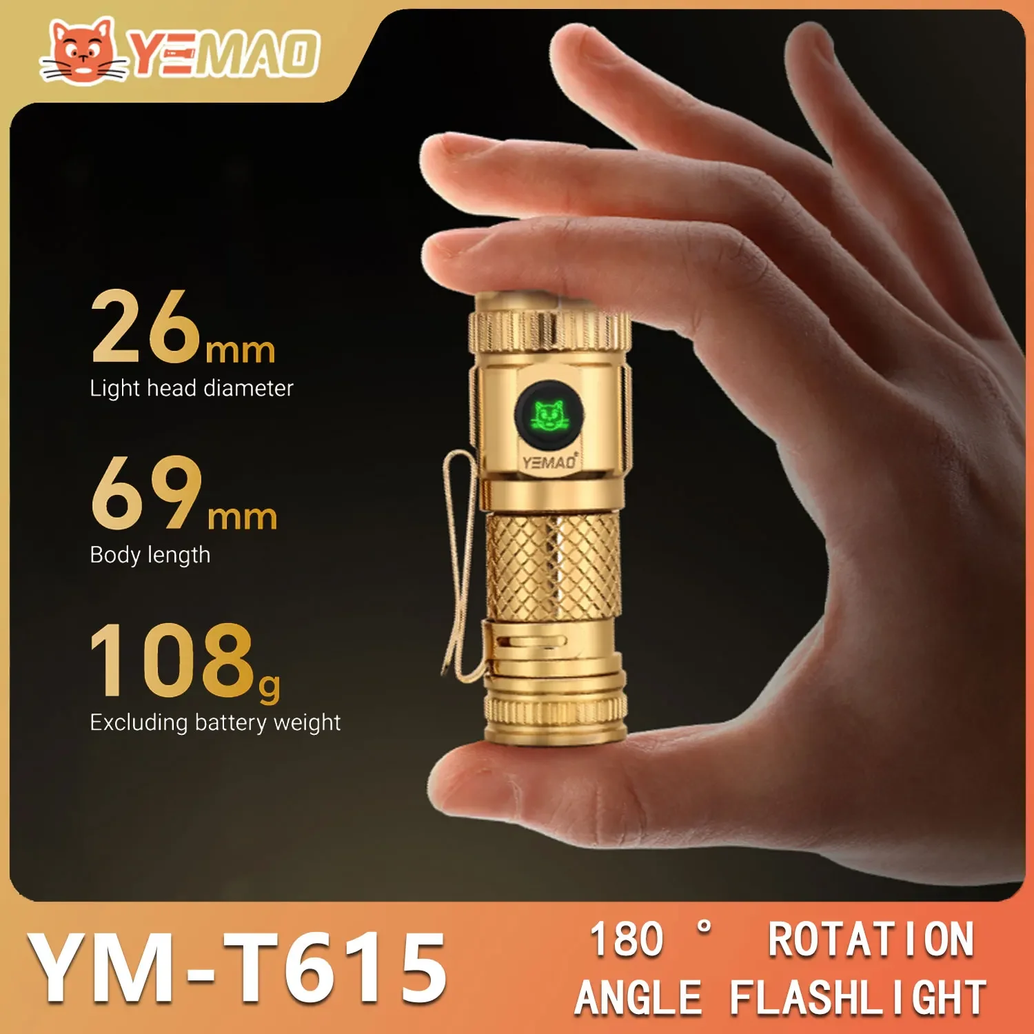 

YEMAO F40CU 1200LM Brass Mini Flashlight - Rechargeable 16340 Battery, Magnetic Tail & Metal Clip W/Diffuser for Emergency & EDC