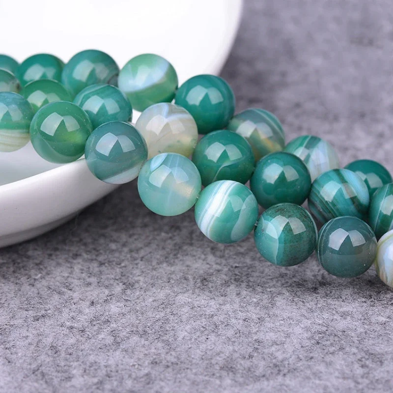 

Natural Stone Beads Green Stripe Agate Loose Gemstone Smooth Round for Jewelry Making