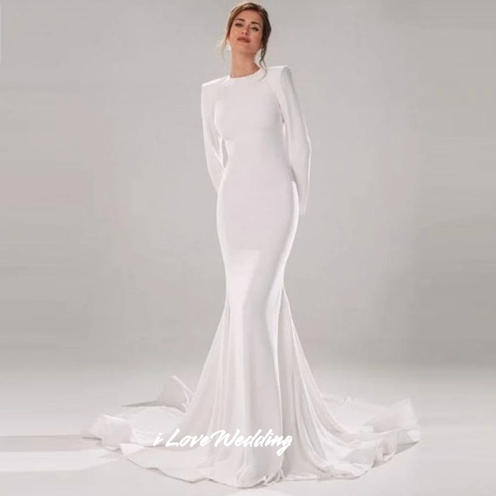 

Simple O-Neck Wedding Dresses 2025 Long Sleeve Mermaid Arabic Bridal Gowns Muslim Trailing Vestidos De Novia Pleated Customized