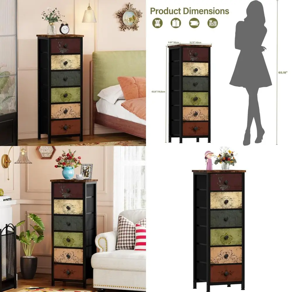 

6-Drawer Tall Dresser, Pattern and Tower Storage Units, Fabric Nightstand for Various Spaces