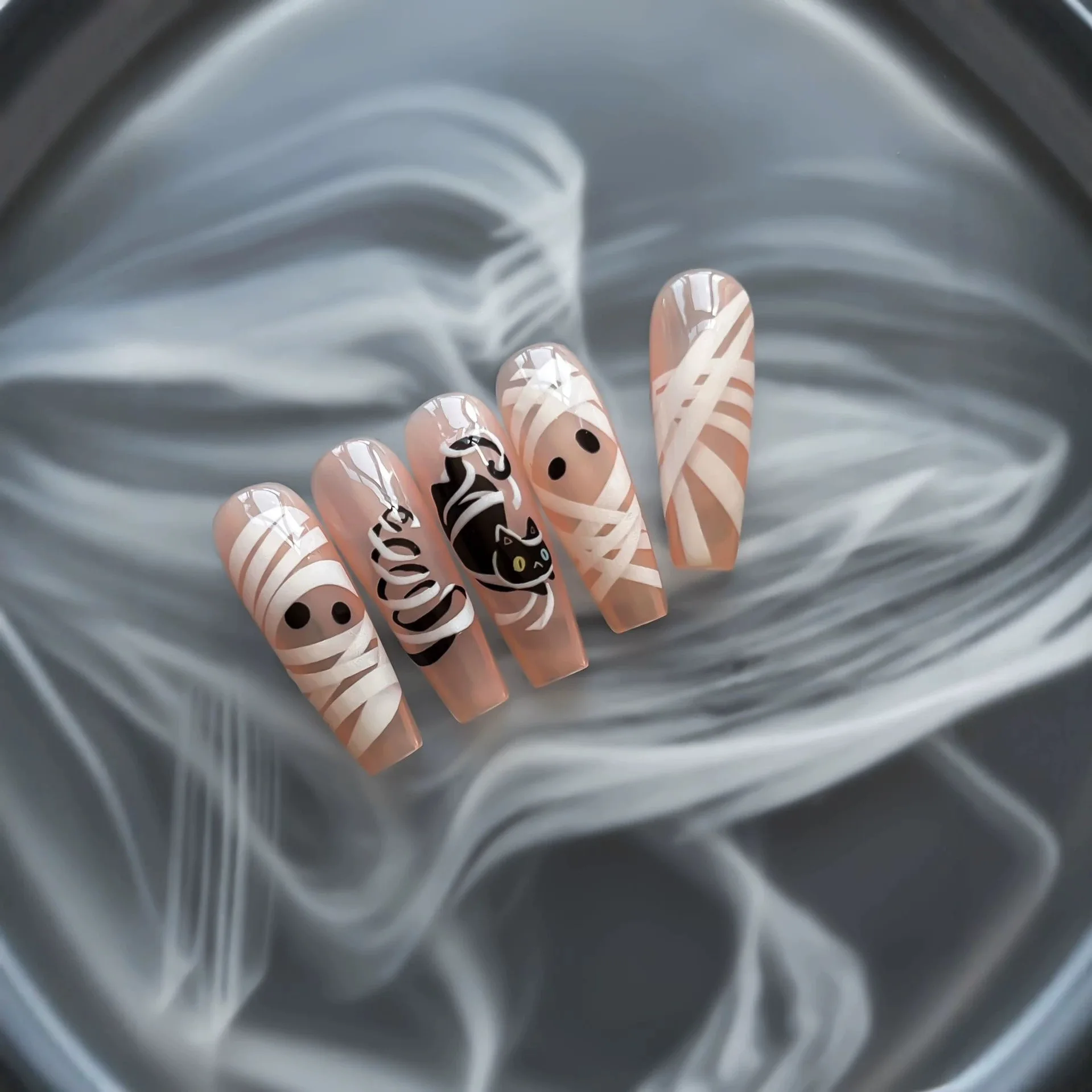 3D Spooky Halloween Mummy Bandage Nail Stickers Black Cat Design Nail Decals Horror Wrapped Tape Slider Decor Manicure Suppliers