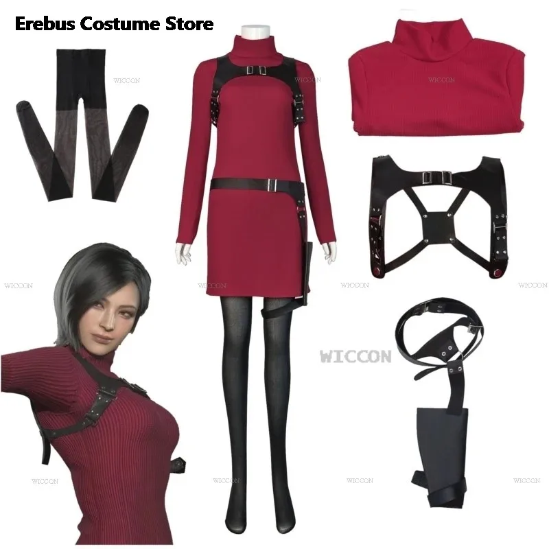 CyFemale Resident 4 Ada Wong أزياء تنكرية فستان شيونغسام الشر أحمر Ada شعر مستعار أحذية الهالوين كرنفال بدلة تنكرية للنساء والفتيات