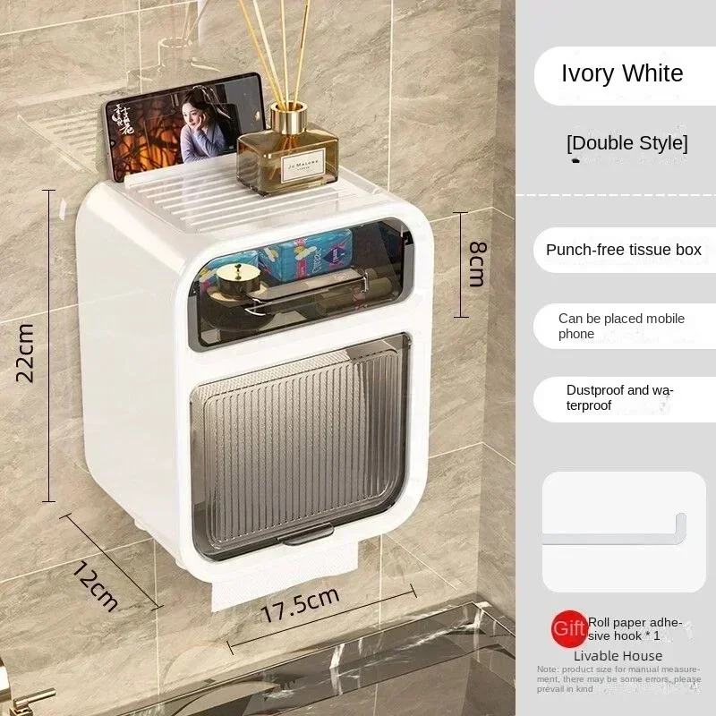 Toilet Tissue Box, Wall Mounted Roll Paper Tube, Paper Drawer, Storage, Bathroom Double Layer Storage Rack Toilet Roll Holder image 6