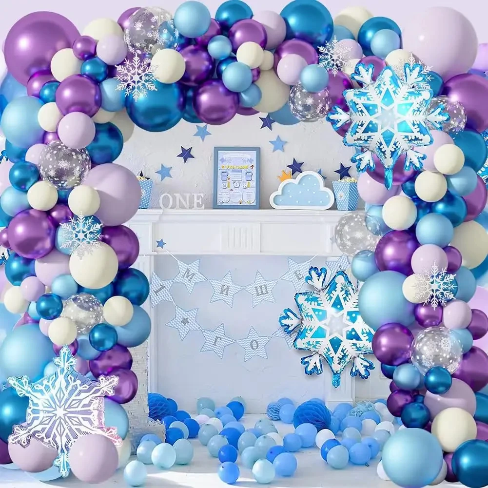 Frozen Balloon Wreath Arch Set,Princess Wonderland Theme,Birthday Party Decoration Supplies, Blue, Blue, Purple, White Snowflake