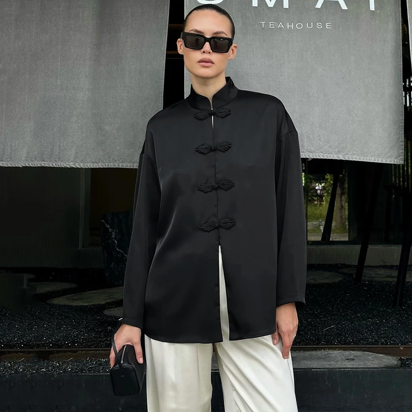 

Женская блузка Linad в китайском стиле с воротником-стойкой, черная, винтажная, атласная, приталенная, на одной пуговице, повседневная, шелковая, с длинным рукавом, 2026