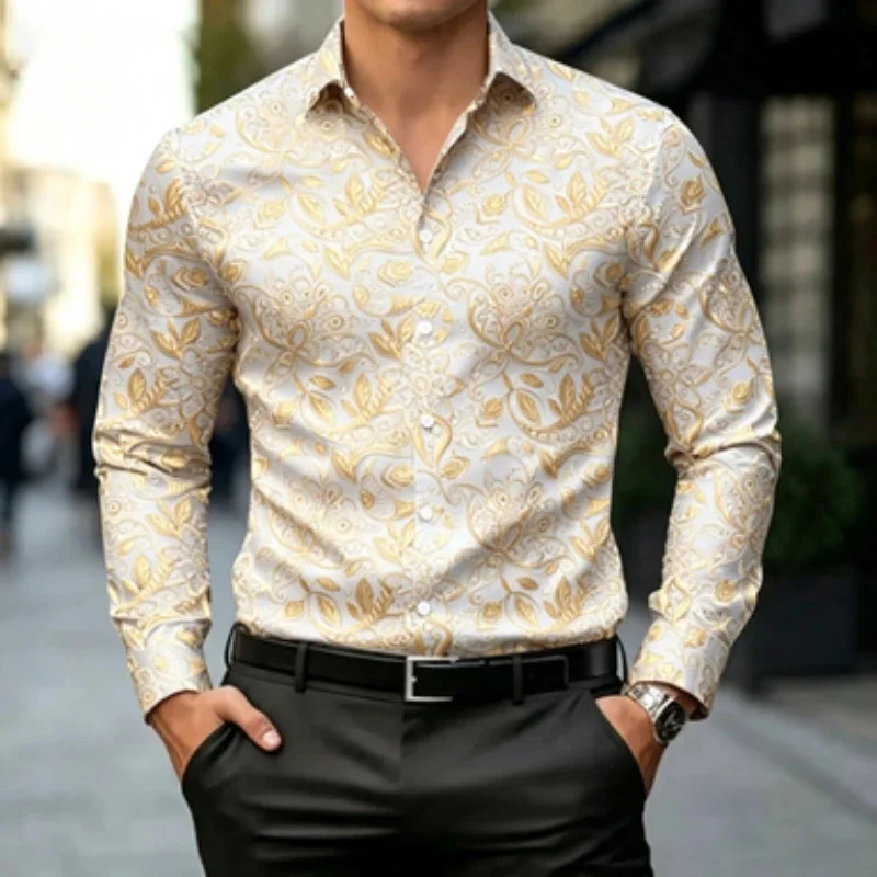 Men's Long Sleeved 3D Shirt, European American Style Long Sleeved Shirt, Floral Collar Shirt, Youth Fashion Outfit Top